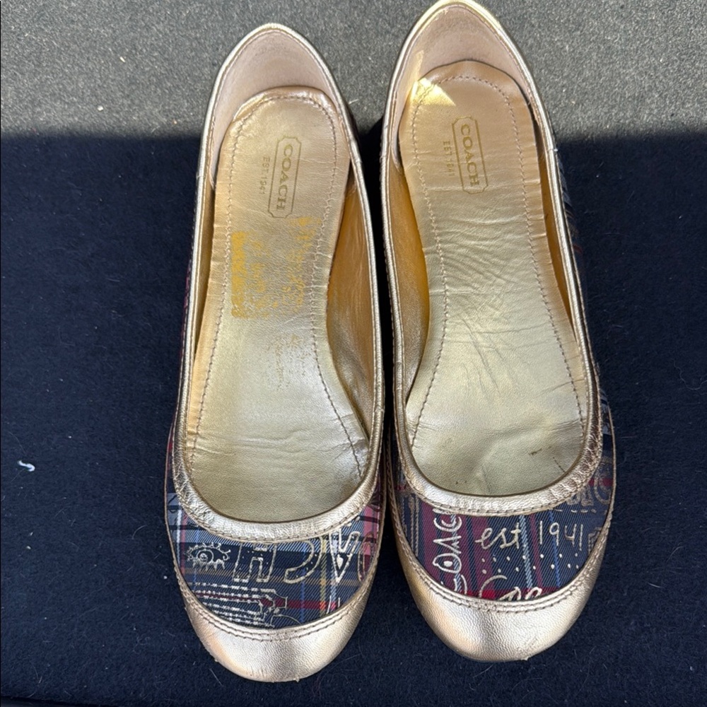 Coach Gold Leather Trim Signature Print Ballet Flats